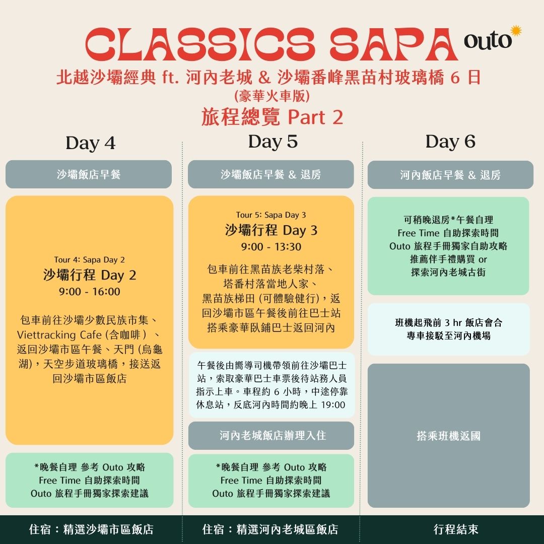 北越沙壩經典 ft. 河內老城 & 沙壩番峰黑苗村 & 玻璃橋 6 日 - 含稅簽網卡 豪華火車版