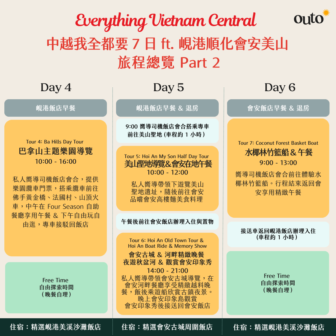 中越經典我全都要 ft. 峴港順化巴拿山會安 7 日旅程 - 含稅簽網卡 (2人小團成行)