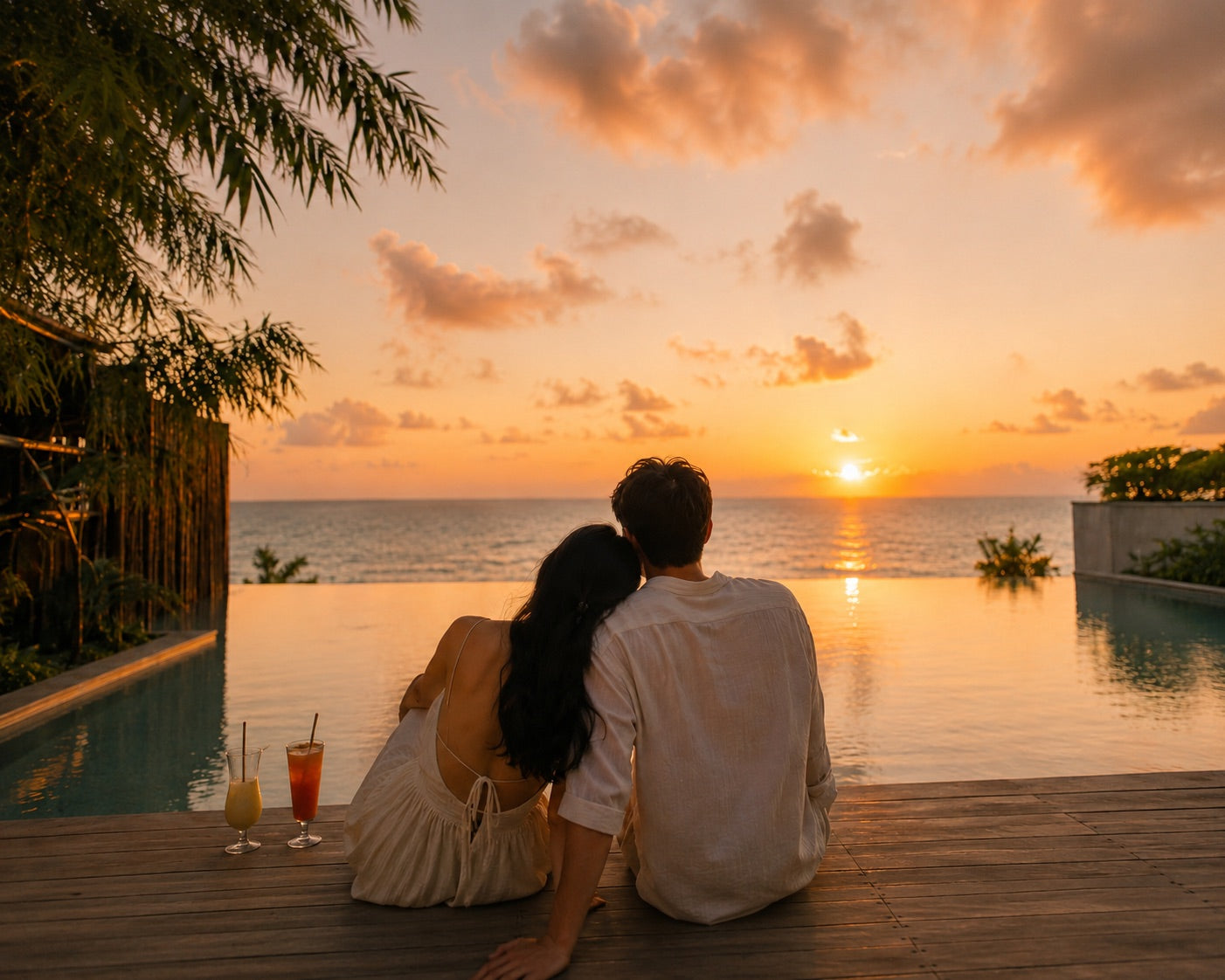 蜜月情侶在富國島泳池 Villa 看夕陽