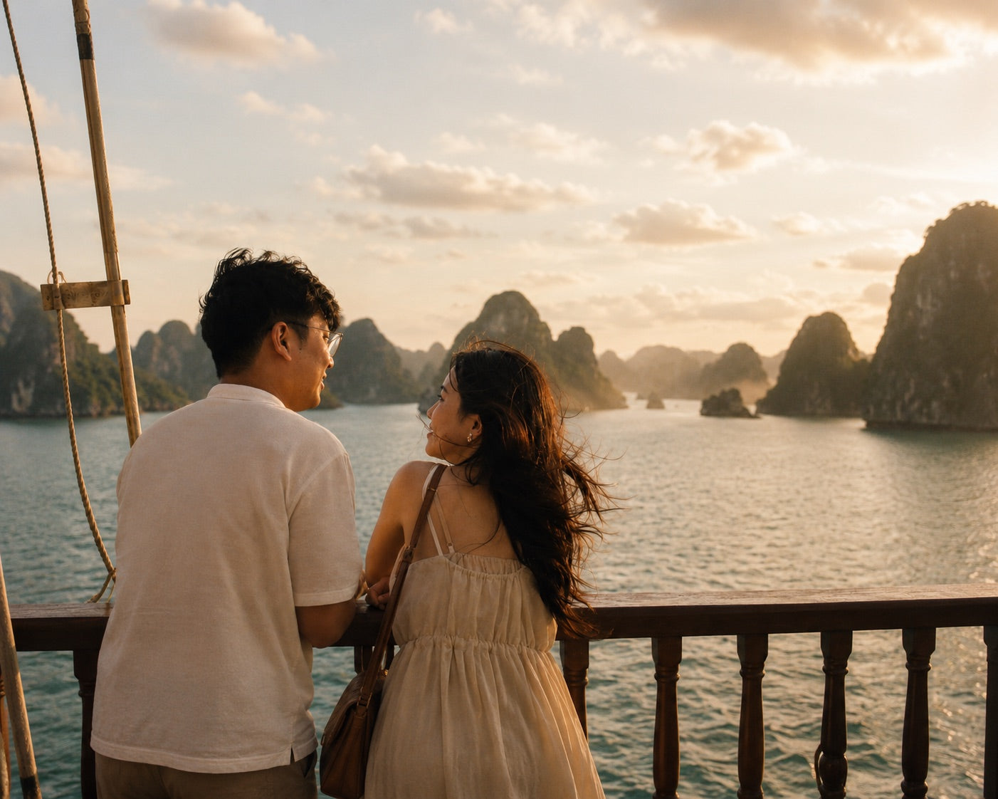 蜜月情侶在下龍灣遊船甲板看海